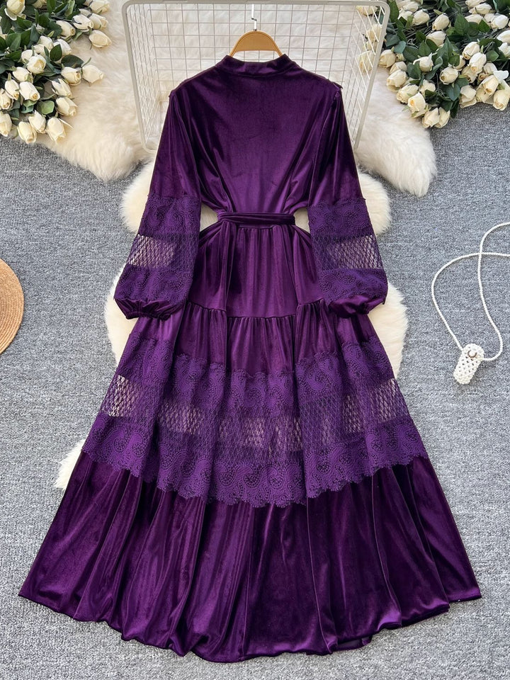 A-Line/Princess Mock Neck Velvet Wedding Guest Dresses Tea-Length Long Sleeves Lace with Belt
