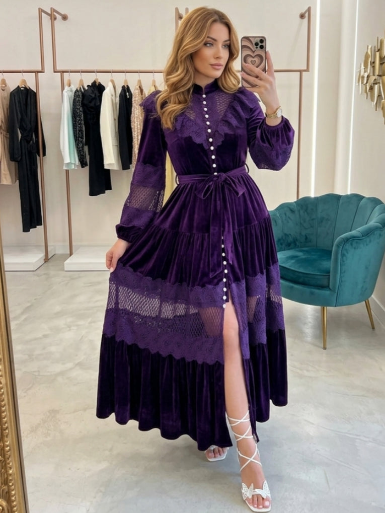 A-Line/Princess Mock Neck Velvet Wedding Guest Dresses Tea-Length Long Sleeves Lace with Belt