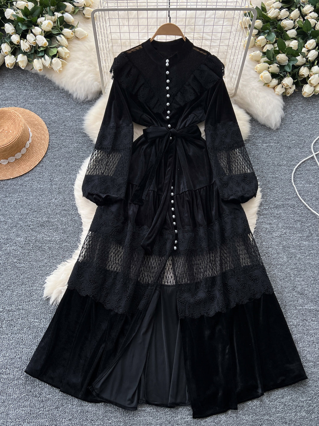 A-Line/Princess Mock Neck Velvet Wedding Guest Dresses Tea-Length Long Sleeves Lace with Belt