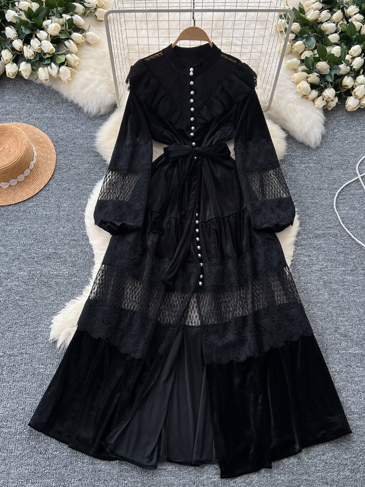 A-Line/Princess Mock Neck Velvet Wedding Guest Dresses Tea-Length Long Sleeves Lace with Belt