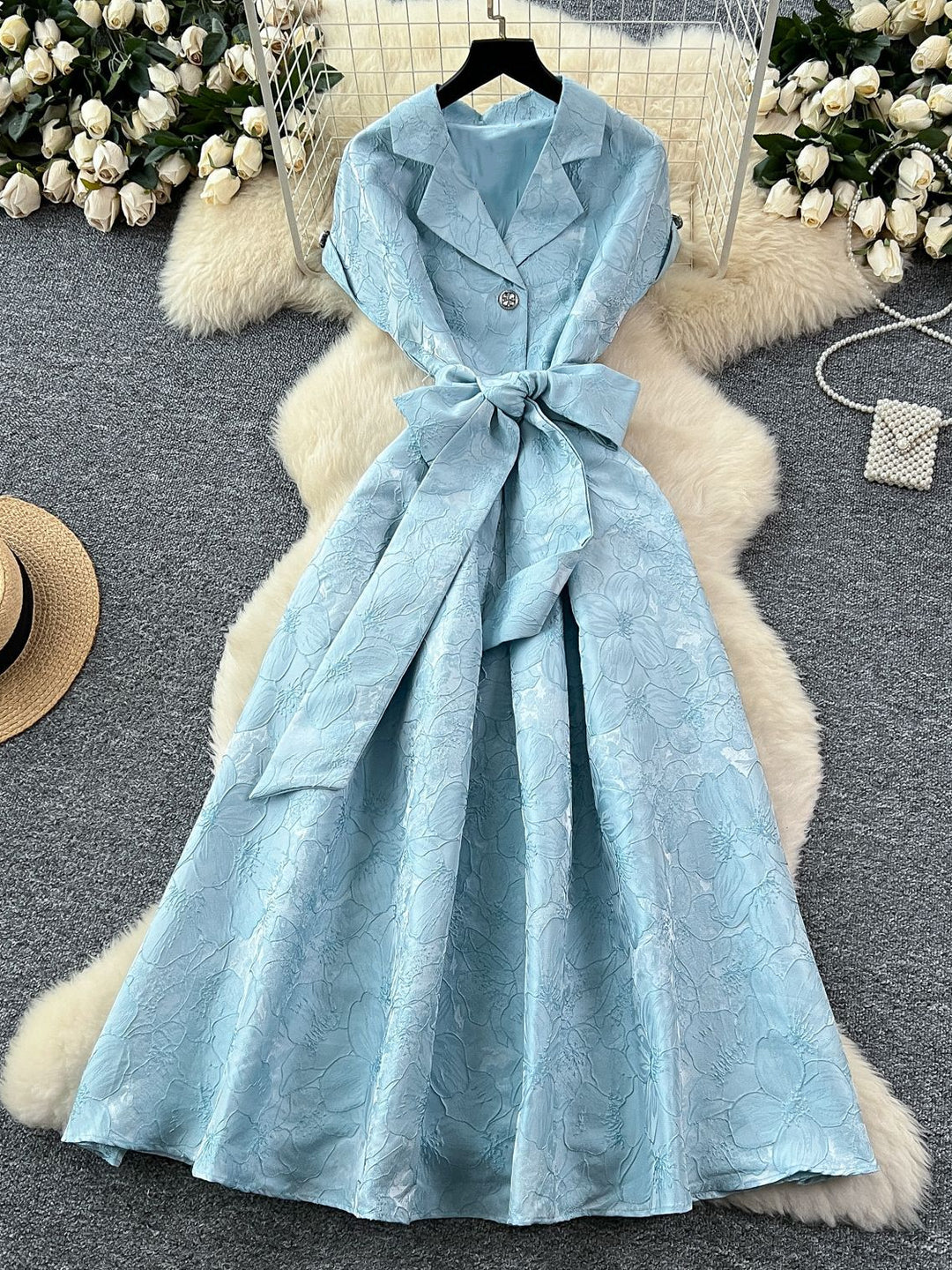A-Line/Princess V-Neck Wedding Guest Dresses Tea-Length Short Sleeves with Belt