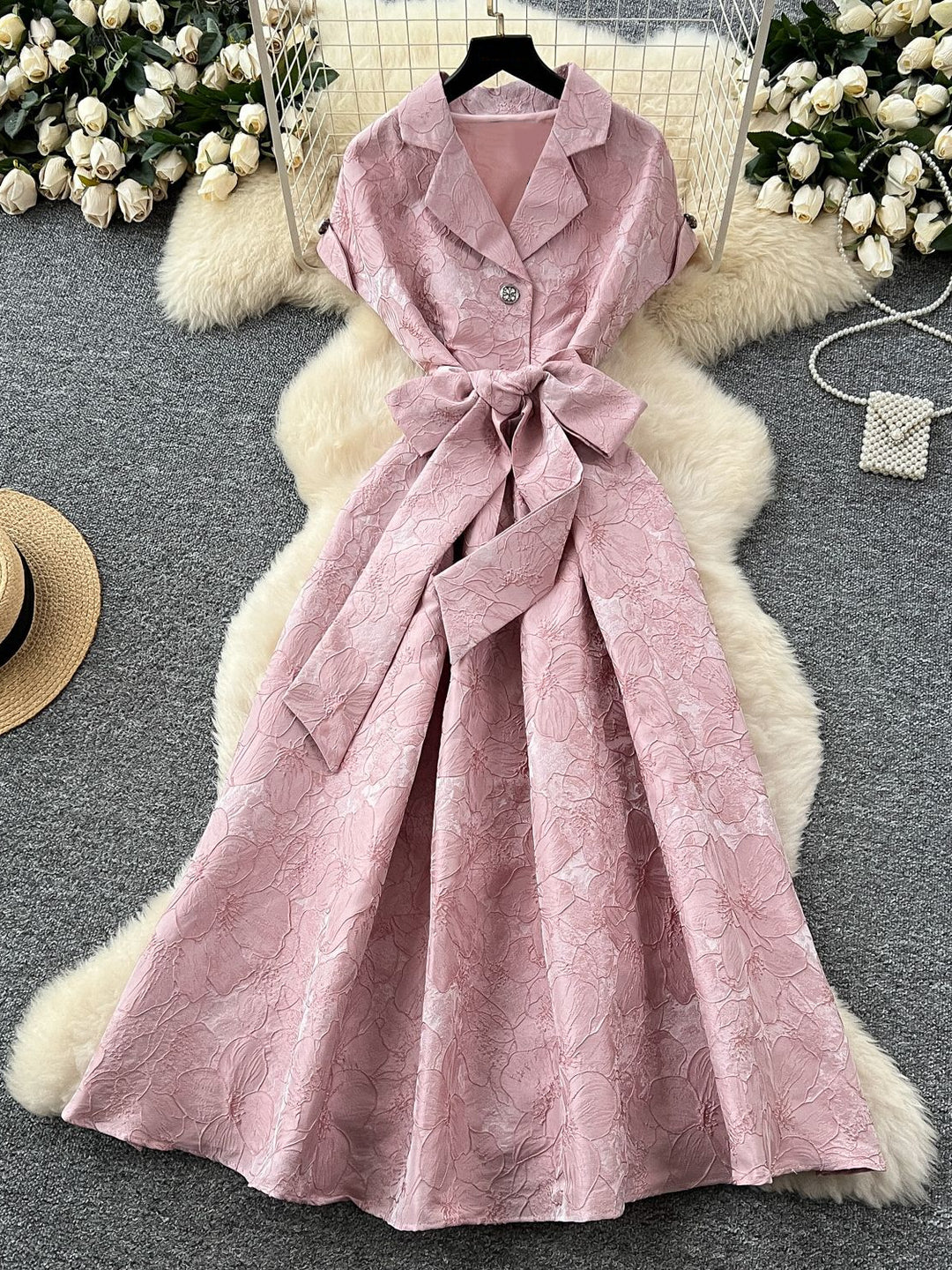 A-Line/Princess V-Neck Wedding Guest Dresses Tea-Length Short Sleeves with Belt