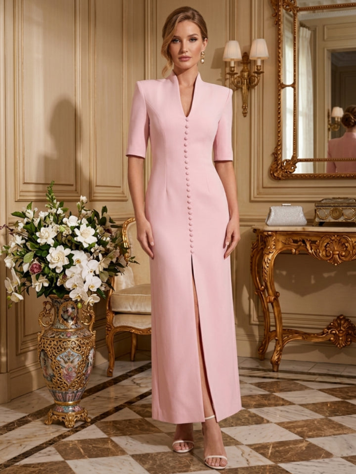 Sheath/Column V-Neck Stretch Satin Formal Dresses with Split Side Ankle-Length Half Sleeves Evening Dresses