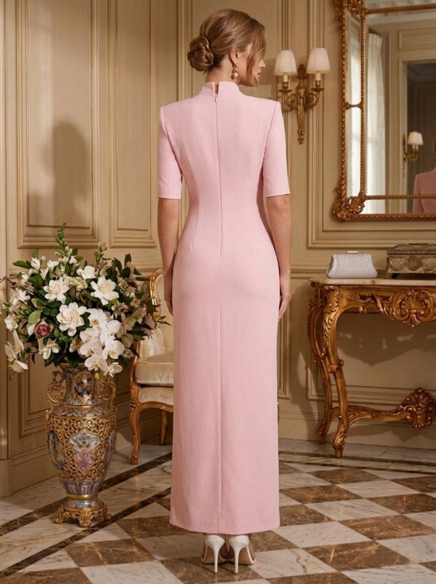 Sheath/Column V-Neck Stretch Satin Formal Dresses with Split Side Ankle-Length Half Sleeves Evening Dresses