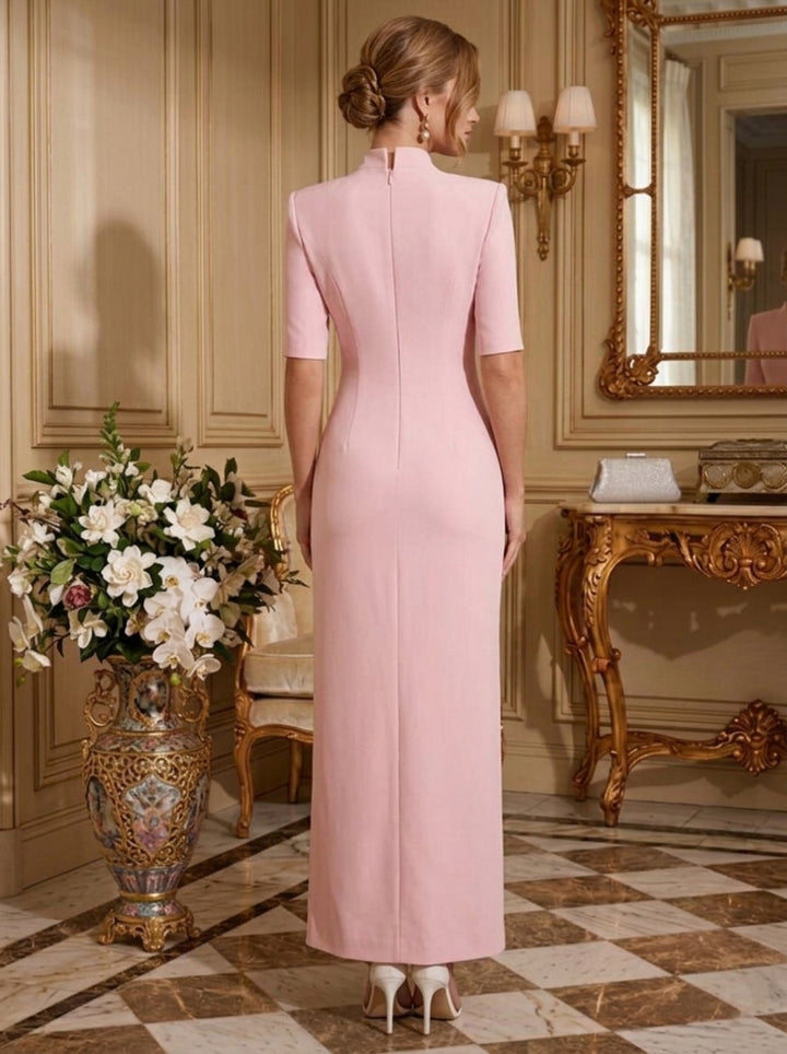 Sheath/Column V-Neck Stretch Satin Formal Dresses with Split Side Ankle-Length Half Sleeves Evening Dresses