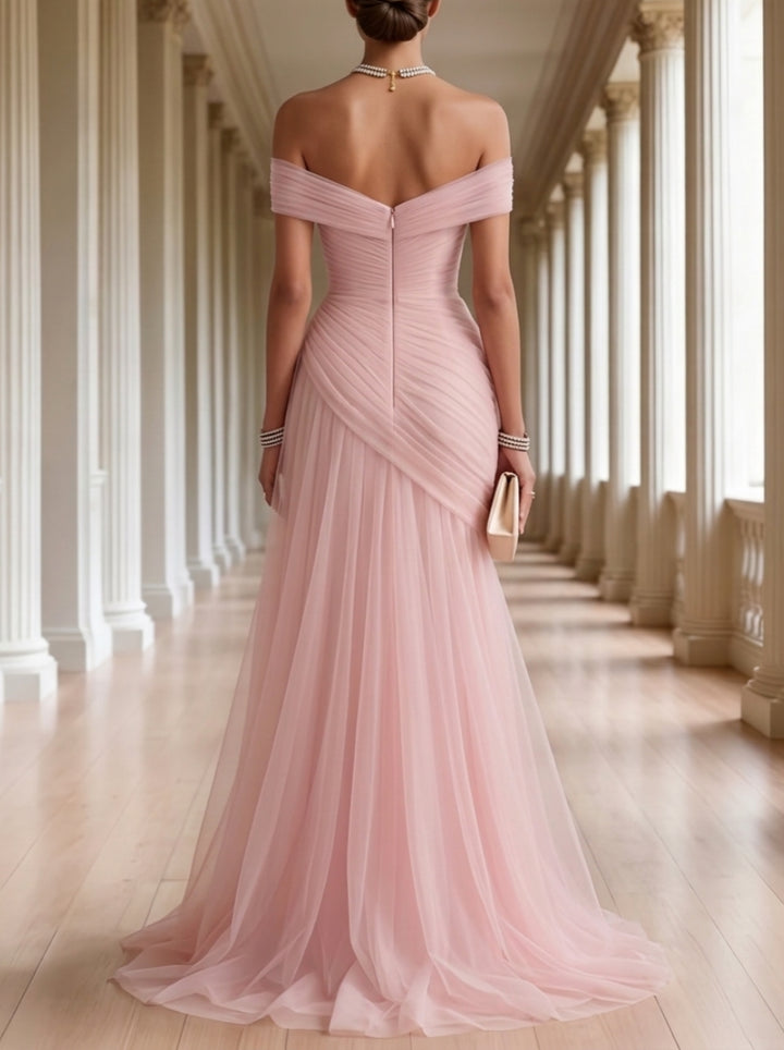Trumpet/Mermaid Off-the-Shoulder Tulle Formal Dresses with Split Side Sleeveless Floor-Length Ruched Evening Dresses