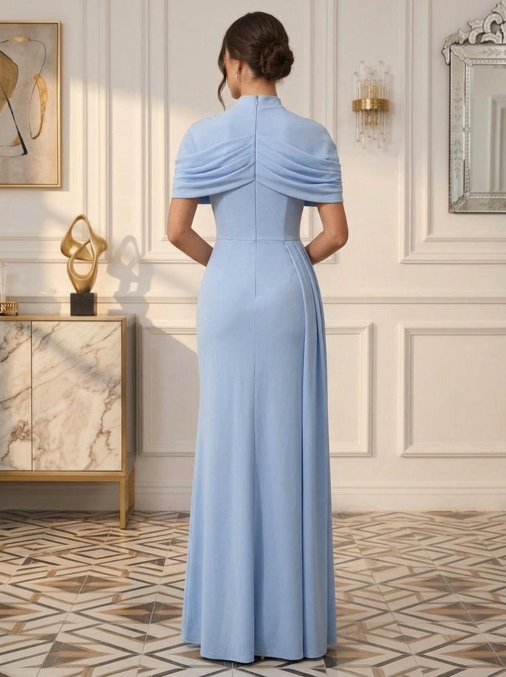 Sheath/Column Mock Neck Elastic Chiffon Formal Dresses Ankle-Length Cape Sleeves Pleated Evening Dresses