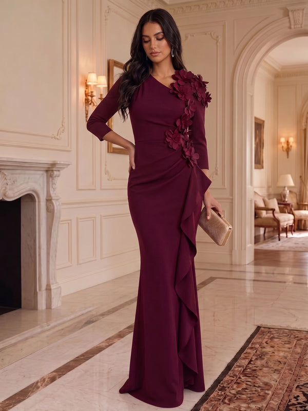 Sheath/Column Asymmetrical Neck Stretch Satin Formal Dresses with 3D Flowers Floor-Length Ruffles 3/4 Sleeves Evening Dresses