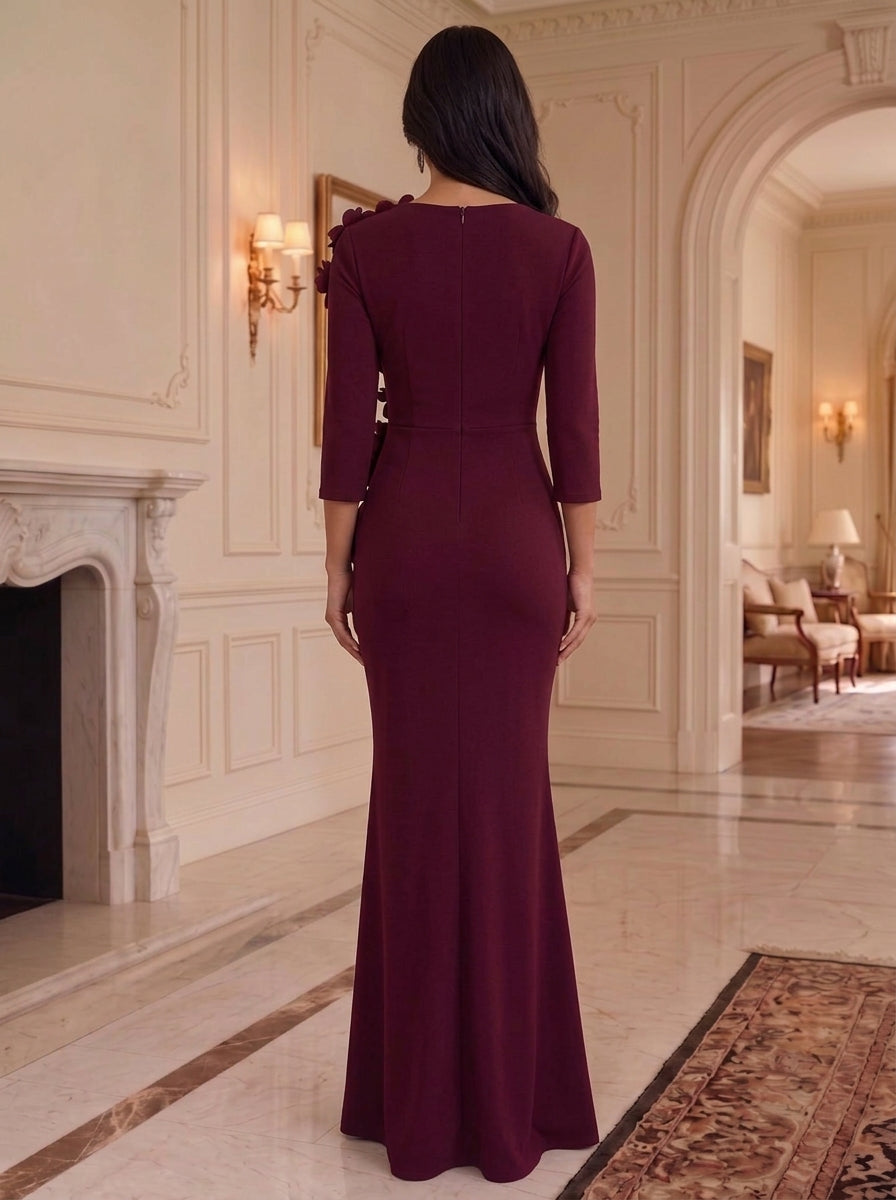 Sheath/Column Asymmetrical Neck Stretch Satin Formal Dresses with 3D Flowers Floor-Length Ruffles 3/4 Sleeves Evening Dresses