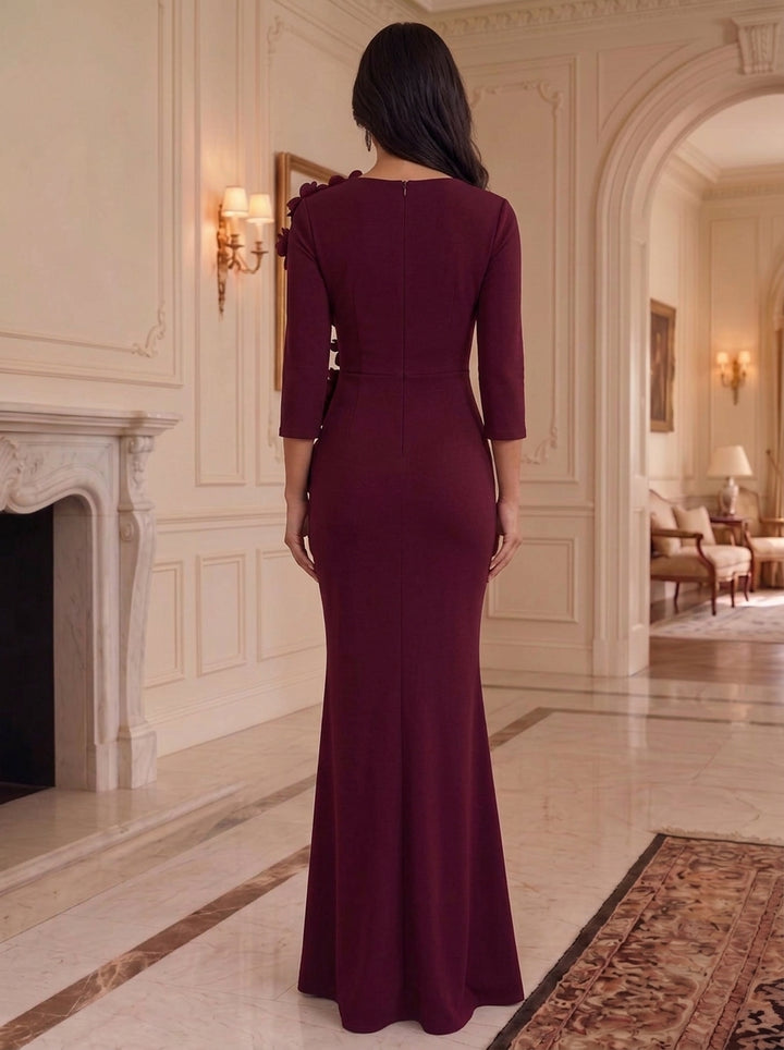 Sheath/Column Asymmetrical Neck Stretch Satin Formal Dresses with 3D Flowers Floor-Length Ruffles 3/4 Sleeves Evening Dresses