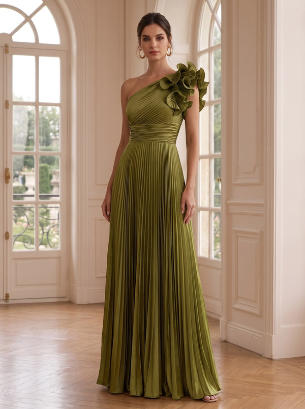 A-Line/Princess One-Shoulder Metallic Formal Dresses Floor-Length Ruffles Sleeveless Pleated Evening Dresses