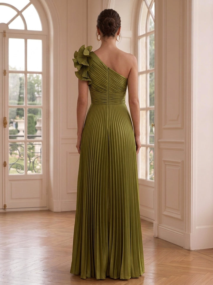 A-Line/Princess One-Shoulder Metallic Formal Dresses Floor-Length Ruffles Sleeveless Pleated Evening Dresses