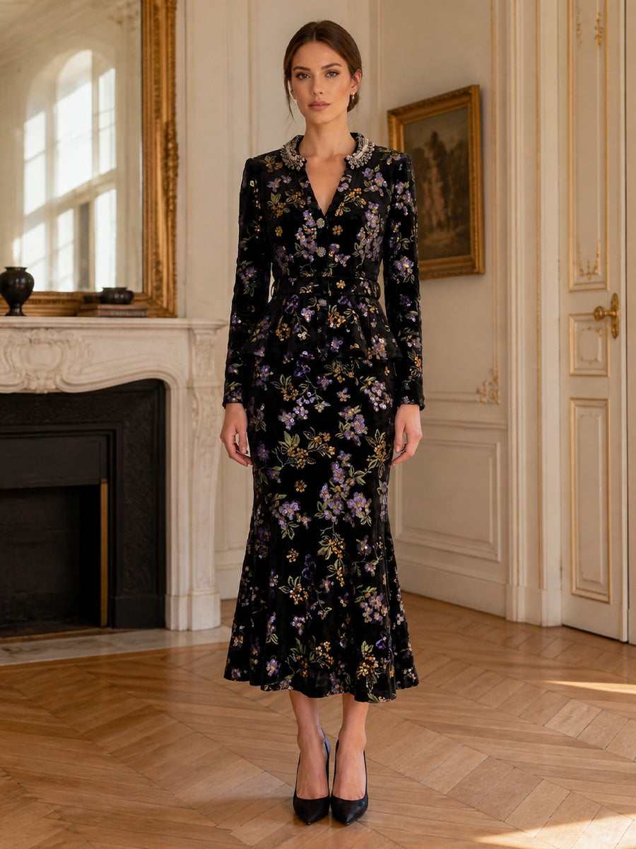 Trumpet/Mermaid V-Neck Lace Embroidery Cocktail Dresses Long Sleeves Tea-Length Party Dresses Floral
