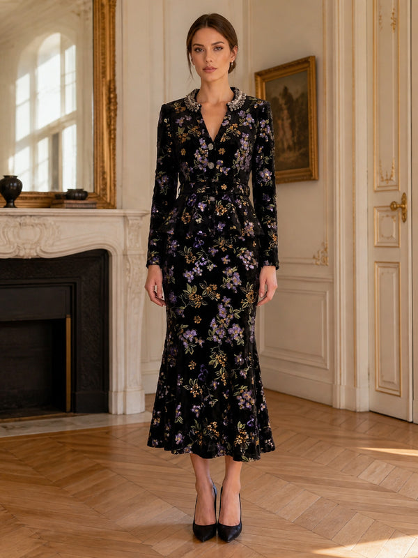 Trumpet/Mermaid V-Neck Lace Embroidery Cocktail Dresses Long Sleeves Tea-Length Party Dresses Floral