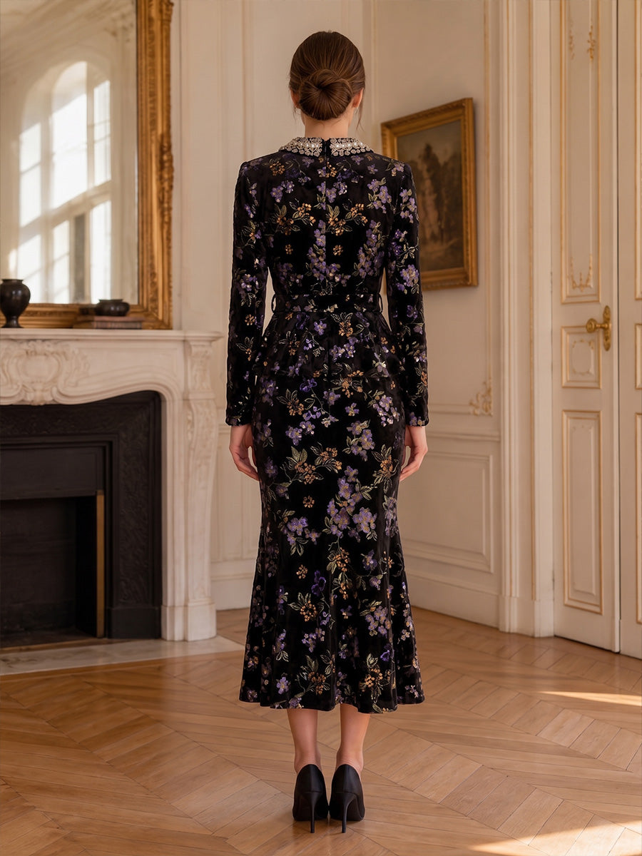 Trumpet/Mermaid V-Neck Lace Embroidery Cocktail Dresses Long Sleeves Tea-Length Party Dresses Floral