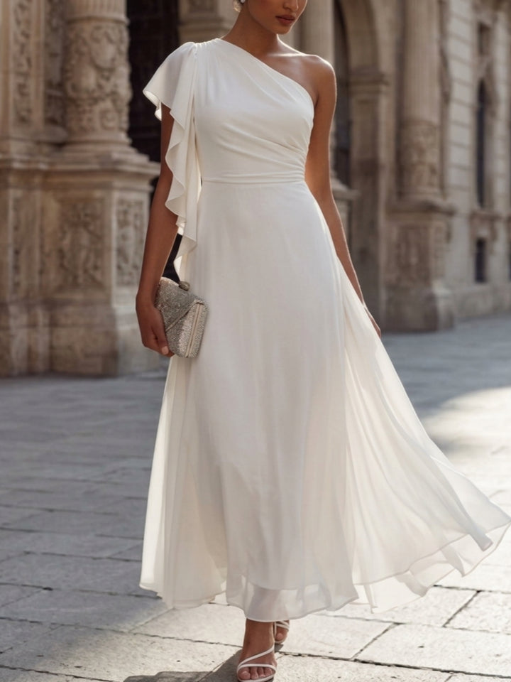 A-Line/Princess One-Shoulder Chiffon Cocktail Dresses Sleeveless Ankle-Length Little White Dresses Ruffles Party Dresses