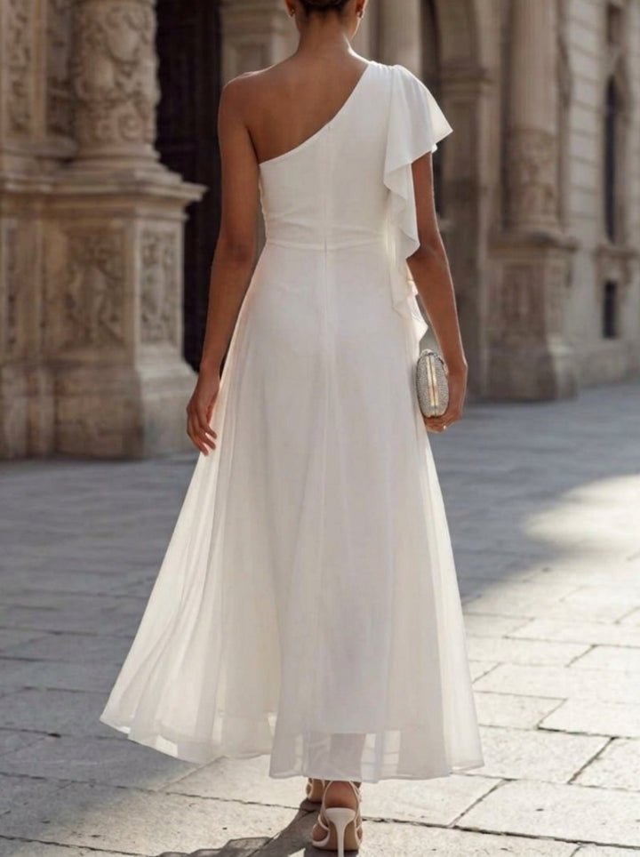 A-Line/Princess One-Shoulder Chiffon Cocktail Dresses Sleeveless Ankle-Length Little White Dresses Ruffles Party Dresses