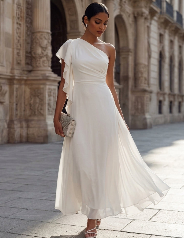 A-Line/Princess One-Shoulder Chiffon Cocktail Dresses Sleeveless Ankle-Length Little White Dresses Ruffles Party Dresses