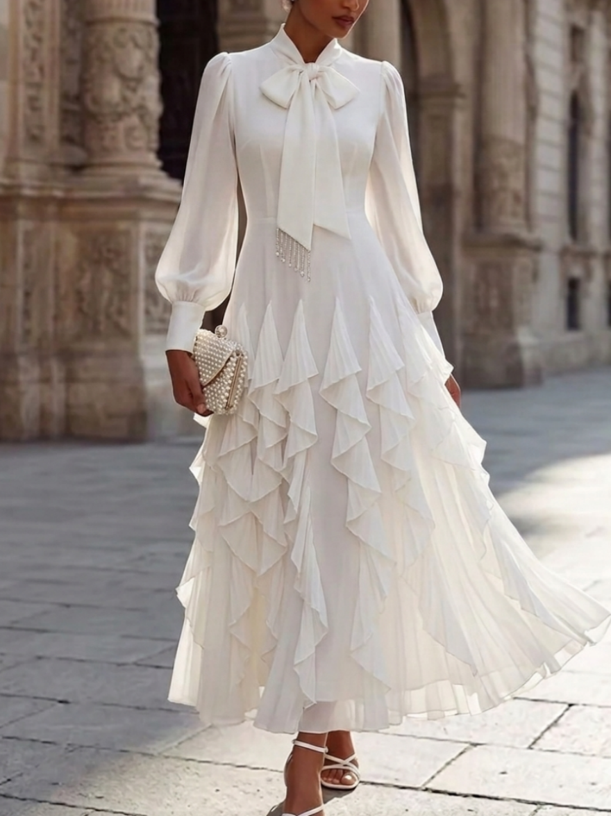 A-Line/Princess Bowknot Neck Chiffon Cocktail Dresses Long Sleeves Ankle-Length Little White Dresses Ruffles Party Dresses