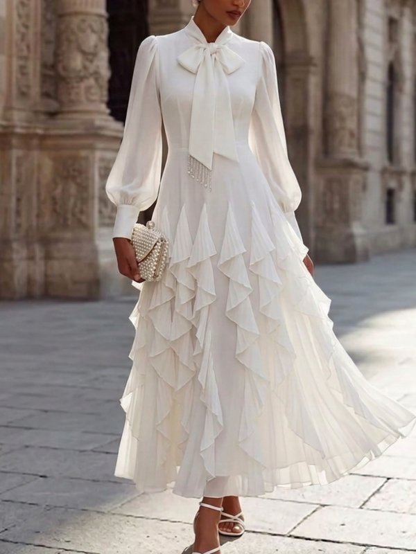 A-Line/Princess Bowknot Neck Chiffon Cocktail Dresses Long Sleeves Ankle-Length Little White Dresses Ruffles Party Dresses