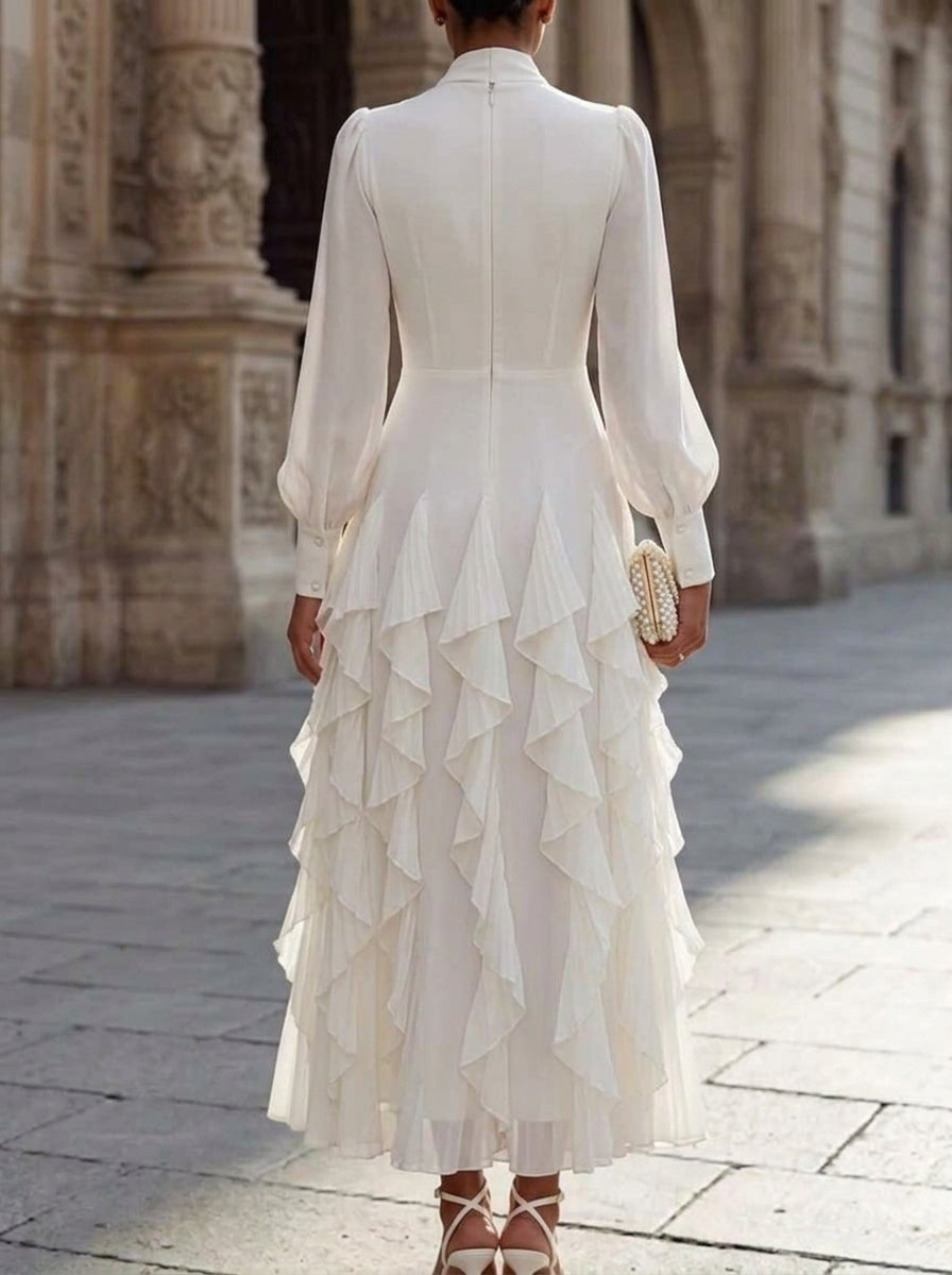 A-Line/Princess Bowknot Neck Chiffon Cocktail Dresses Long Sleeves Ankle-Length Little White Dresses Ruffles Party Dresses