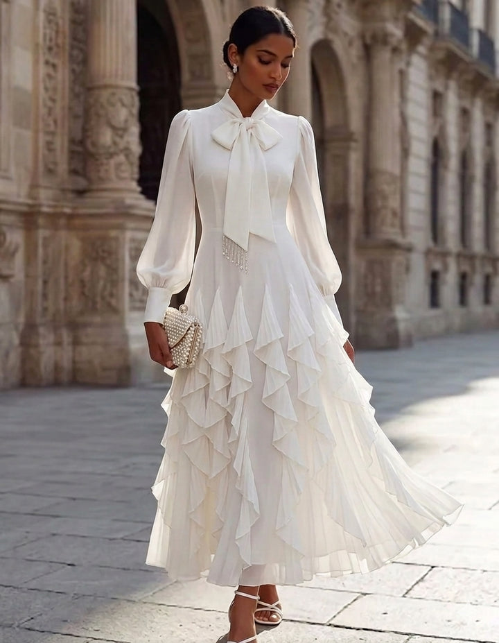 A-Line/Princess Bowknot Neck Chiffon Cocktail Dresses Long Sleeves Ankle-Length Little White Dresses Ruffles Party Dresses