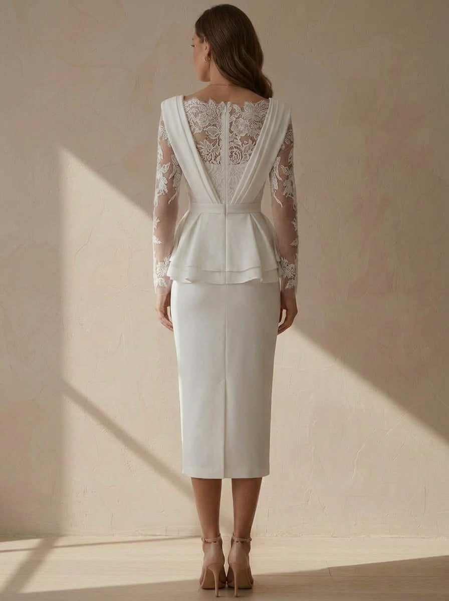 Sheath/Column Boat Neck Stretch Satin Cocktail Dresses Tea-Length Lace Floral Long Sleeves Little White Dresses Party Dresses