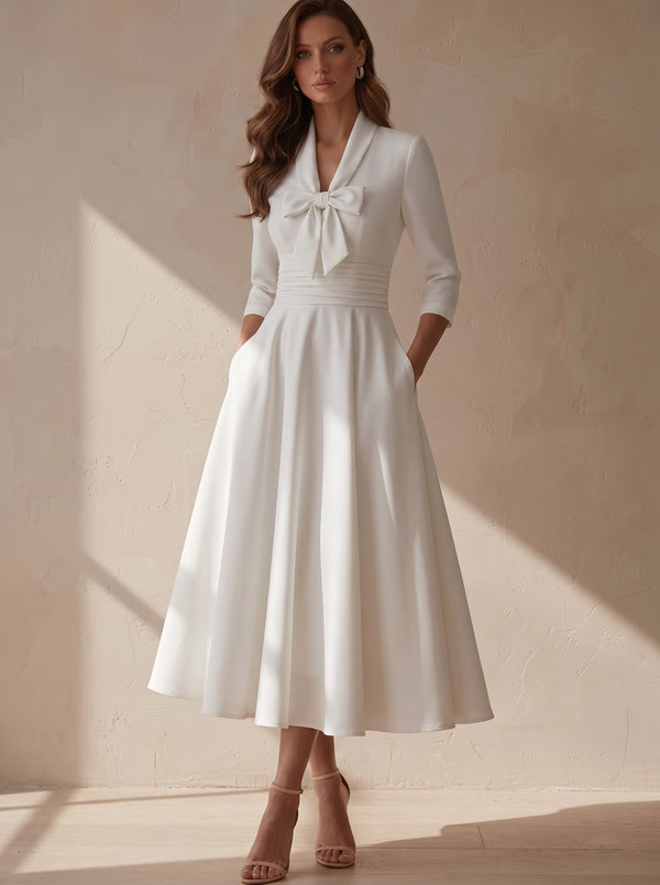 A-Line/Princess V-Neck Stretch Satin Cocktail Dresses Tea-Length 3/4 Sleeves Bowknot Little White Dresses Party Dresses