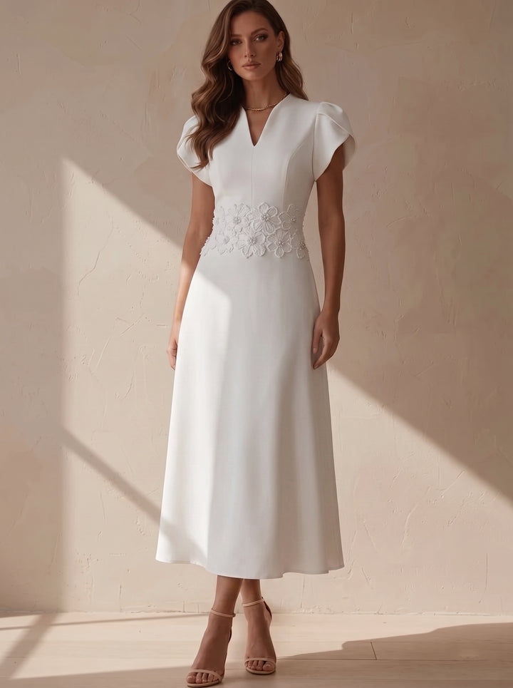 A-Line/Princess V-Neck Stretch Satin Cocktail Dresses Tea-Length Short Sleeves Floral Little White Dresses Party Dresses