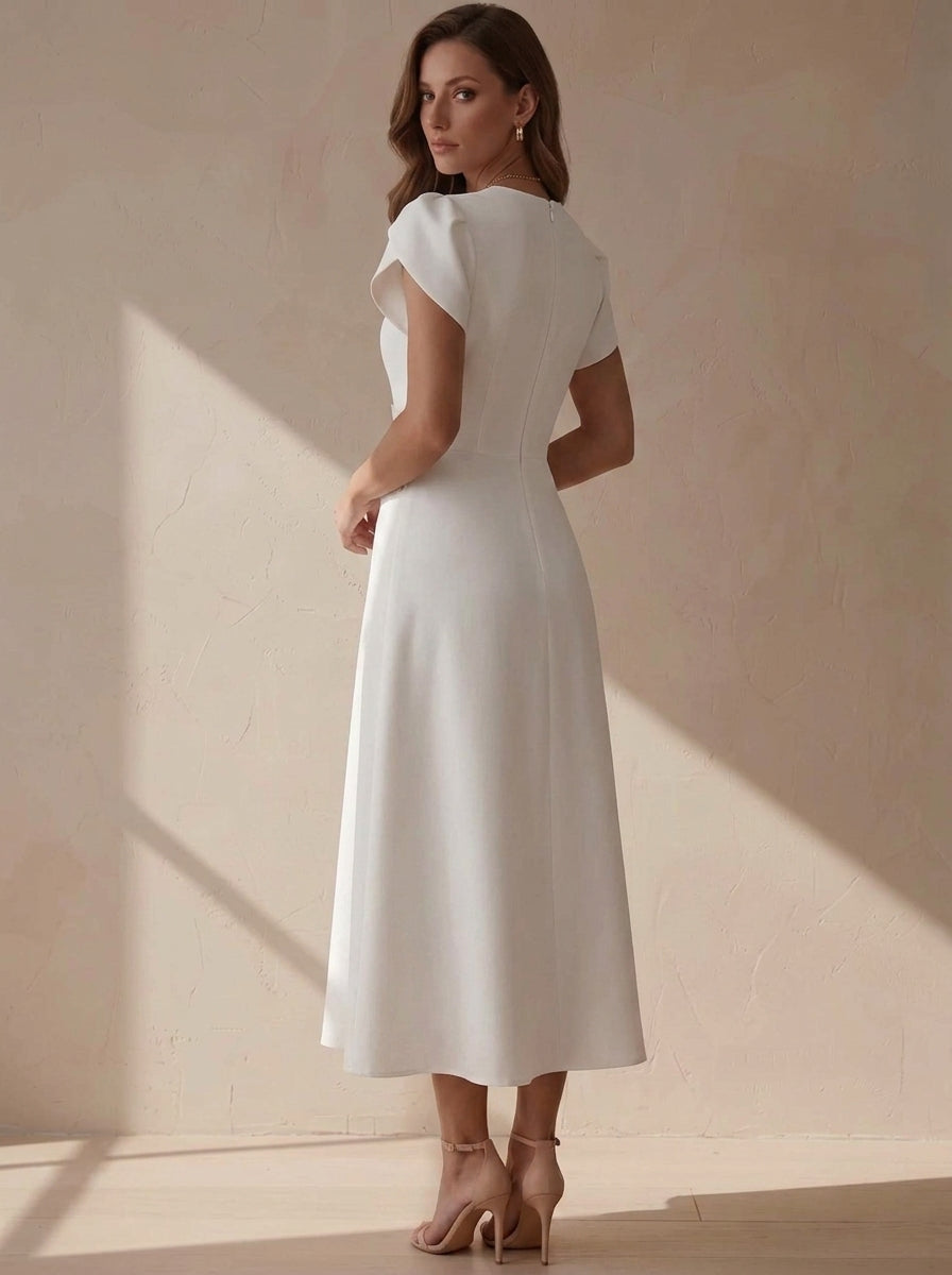 A-Line/Princess V-Neck Stretch Satin Cocktail Dresses Tea-Length Short Sleeves Floral Little White Dresses Party Dresses