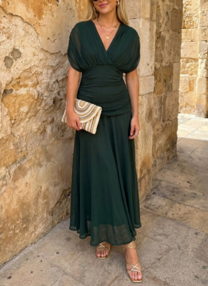 A-Line/Princess V-Neck Chiffon Cocktail Dresses Short Sleeves Ankle-Length Ruched Party Dresses