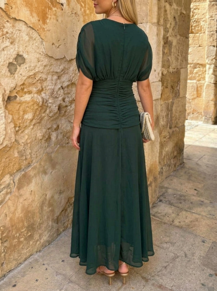 A-Line/Princess V-Neck Chiffon Cocktail Dresses Short Sleeves Ankle-Length Ruched Party Dresses