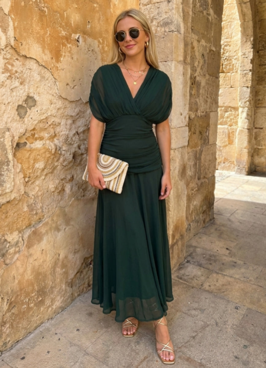 A-Line/Princess V-Neck Chiffon Cocktail Dresses Short Sleeves Ankle-Length Ruched Party Dresses