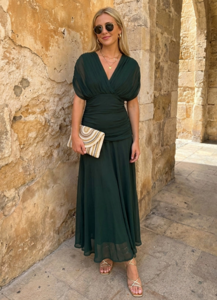 A-Line/Princess V-Neck Chiffon Cocktail Dresses Short Sleeves Ankle-Length Ruched Party Dresses