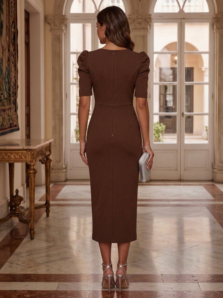 Sheath/Column Scoop Stretch Satin Cocktail Dresses with 3D Flower Short Sleeves Tea-Length Ruched Party Dresses