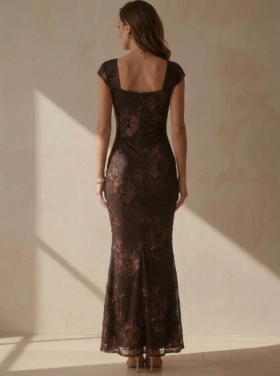 Sheath/Column Square Collar Lace Embroidery Cocktail Dresses Sleeveless Floral Ankle-Length Party Dresses