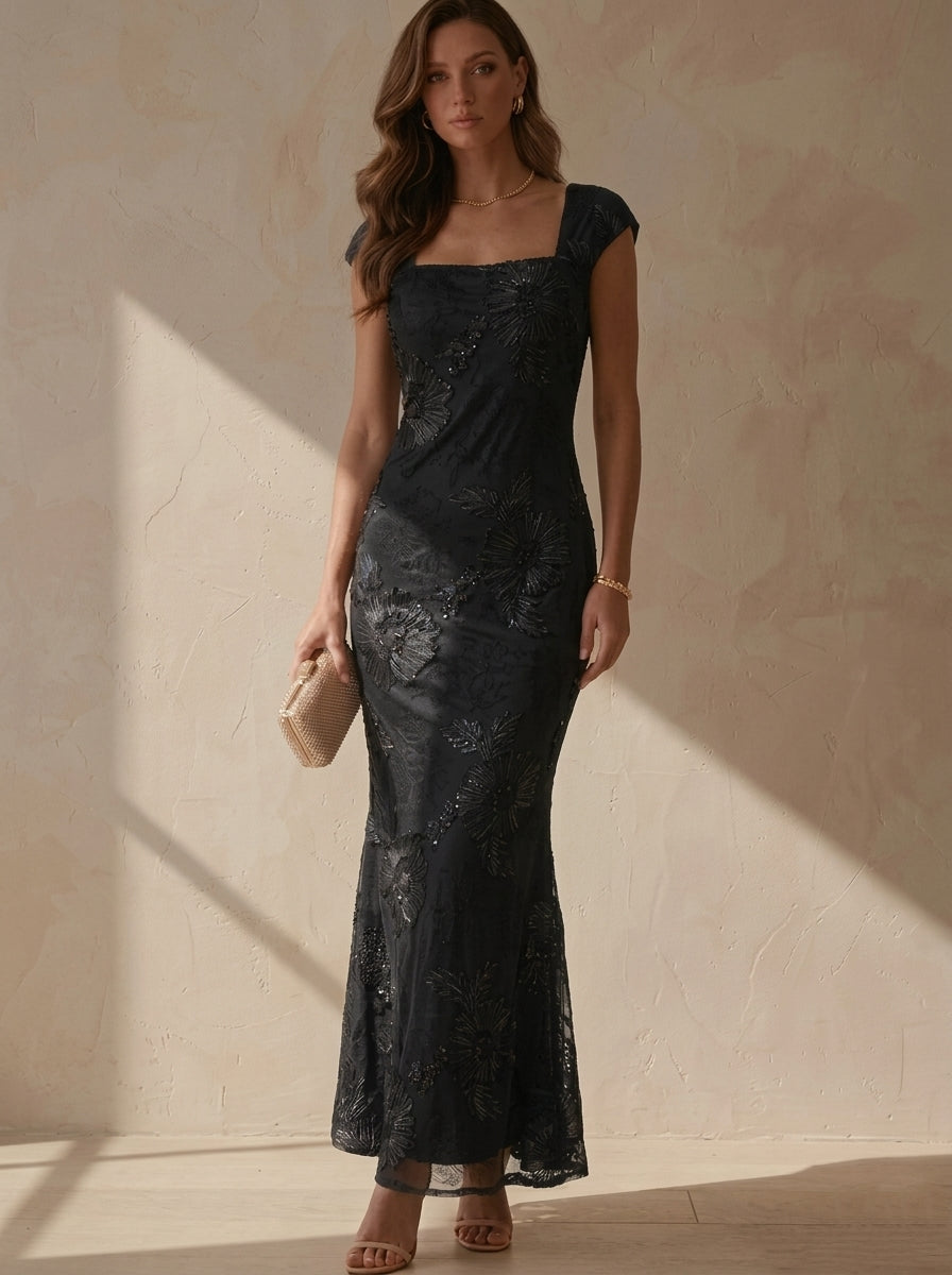 Sheath/Column Square Collar Lace Embroidery Cocktail Dresses Sleeveless Floral Ankle-Length Party Dresses