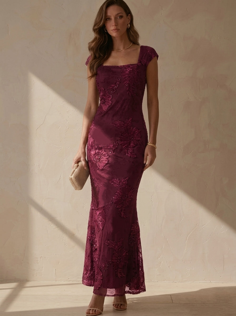 Sheath/Column Square Collar Lace Embroidery Cocktail Dresses Sleeveless Floral Ankle-Length Party Dresses
