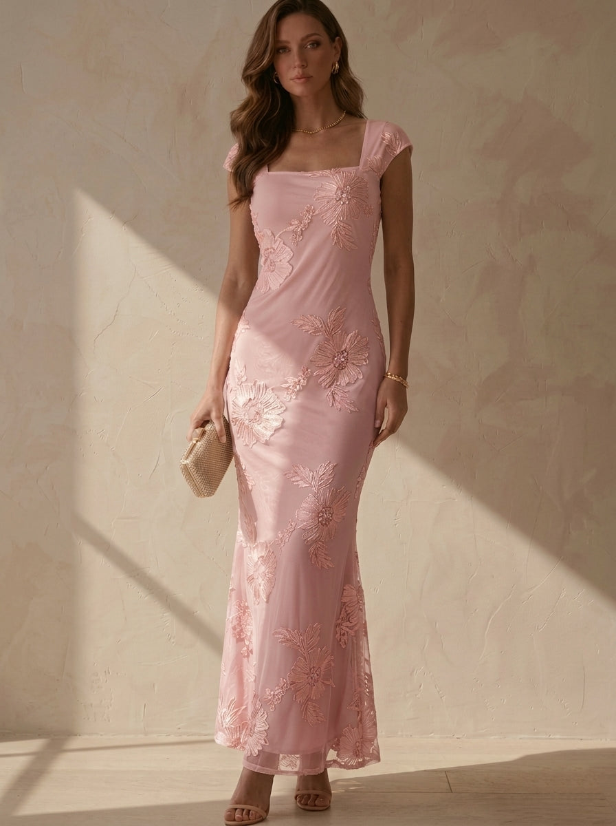 Sheath/Column Square Collar Lace Embroidery Cocktail Dresses Sleeveless Floral Ankle-Length Party Dresses
