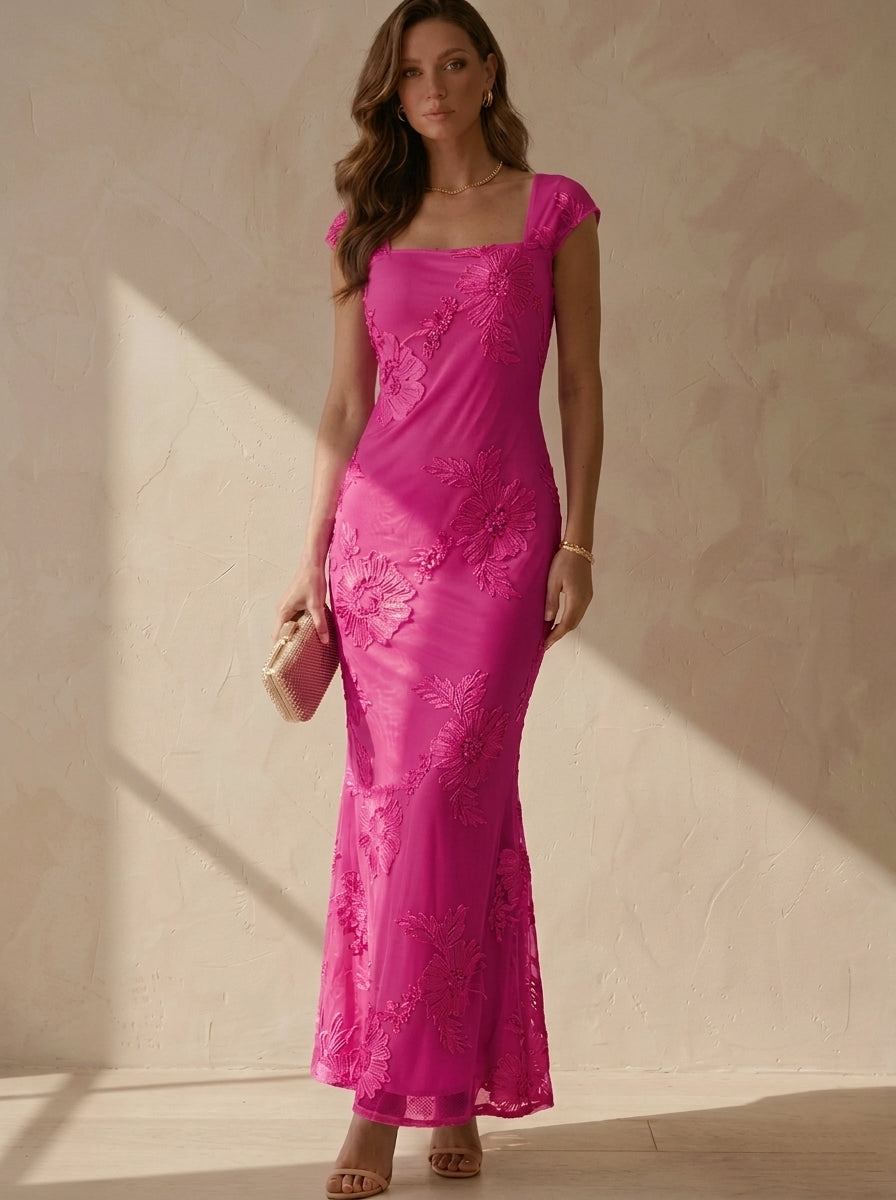 Sheath/Column Square Collar Lace Embroidery Cocktail Dresses Sleeveless Floral Ankle-Length Party Dresses