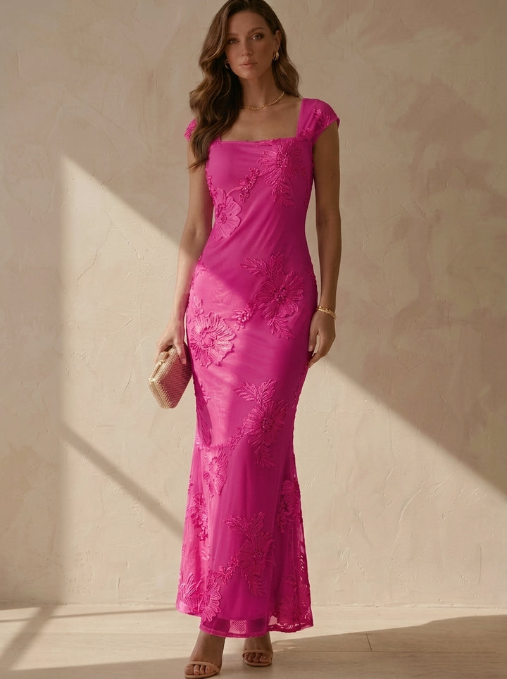 Sheath/Column Square Collar Lace Embroidery Cocktail Dresses Sleeveless Floral Ankle-Length Party Dresses