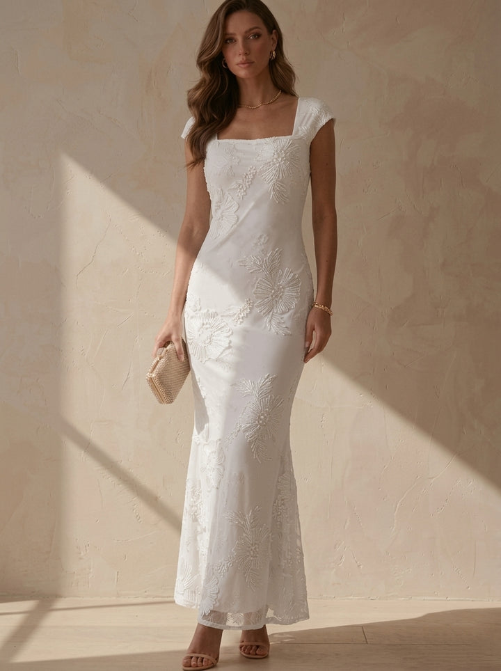 Sheath/Column Square Collar Lace Embroidery Cocktail Dresses Sleeveless Floral Ankle-Length Party Dresses