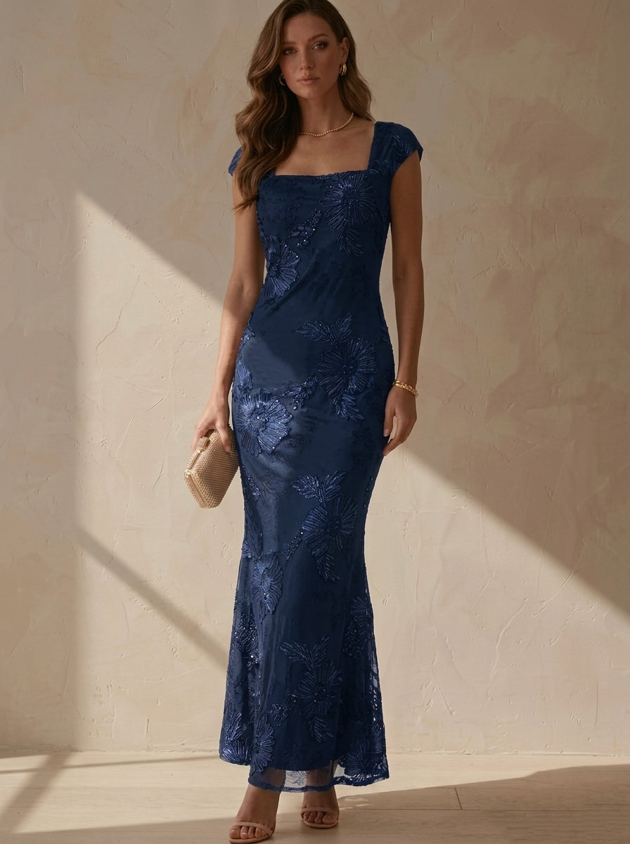 Sheath/Column Square Collar Lace Embroidery Cocktail Dresses Sleeveless Floral Ankle-Length Party Dresses