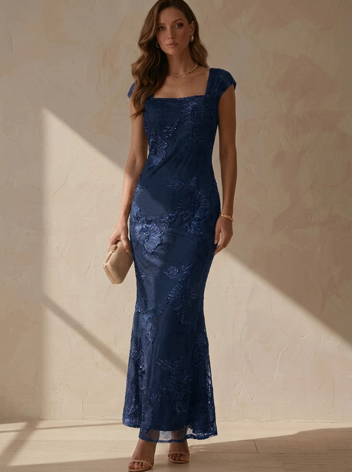 Sheath/Column Square Collar Lace Embroidery Cocktail Dresses Sleeveless Floral Ankle-Length Party Dresses