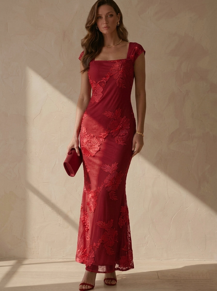 Sheath/Column Square Collar Lace Embroidery Cocktail Dresses Sleeveless Floral Ankle-Length Party Dresses