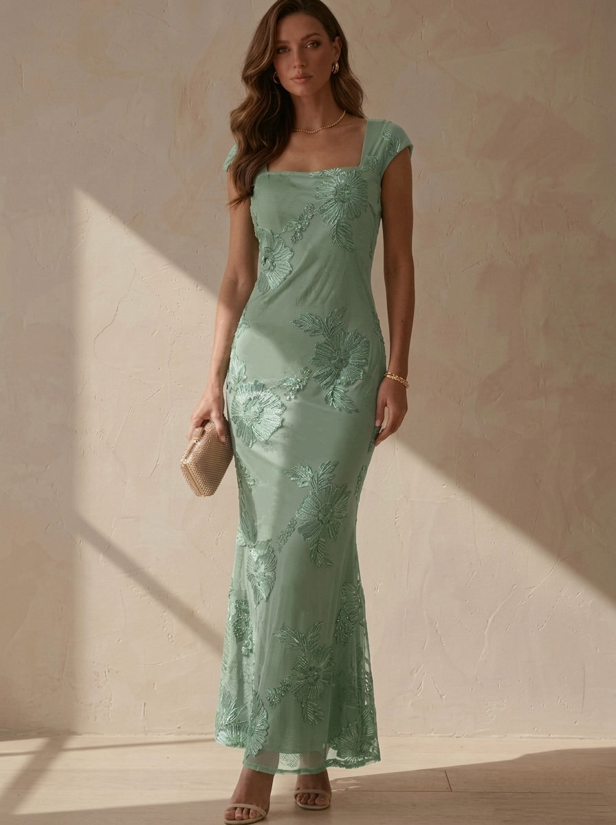 Sheath/Column Square Collar Lace Embroidery Cocktail Dresses Sleeveless Floral Ankle-Length Party Dresses