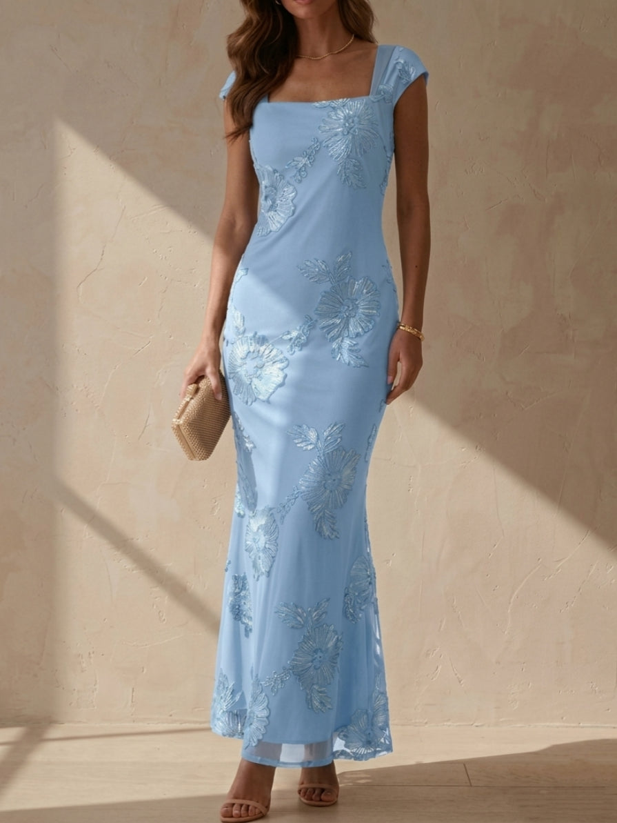 Sheath/Column Square Collar Lace Embroidery Cocktail Dresses Sleeveless Floral Ankle-Length Party Dresses