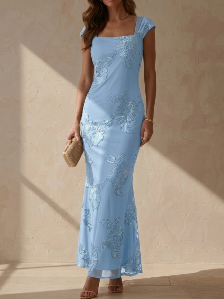 Sheath/Column Square Collar Lace Embroidery Cocktail Dresses Sleeveless Floral Ankle-Length Party Dresses