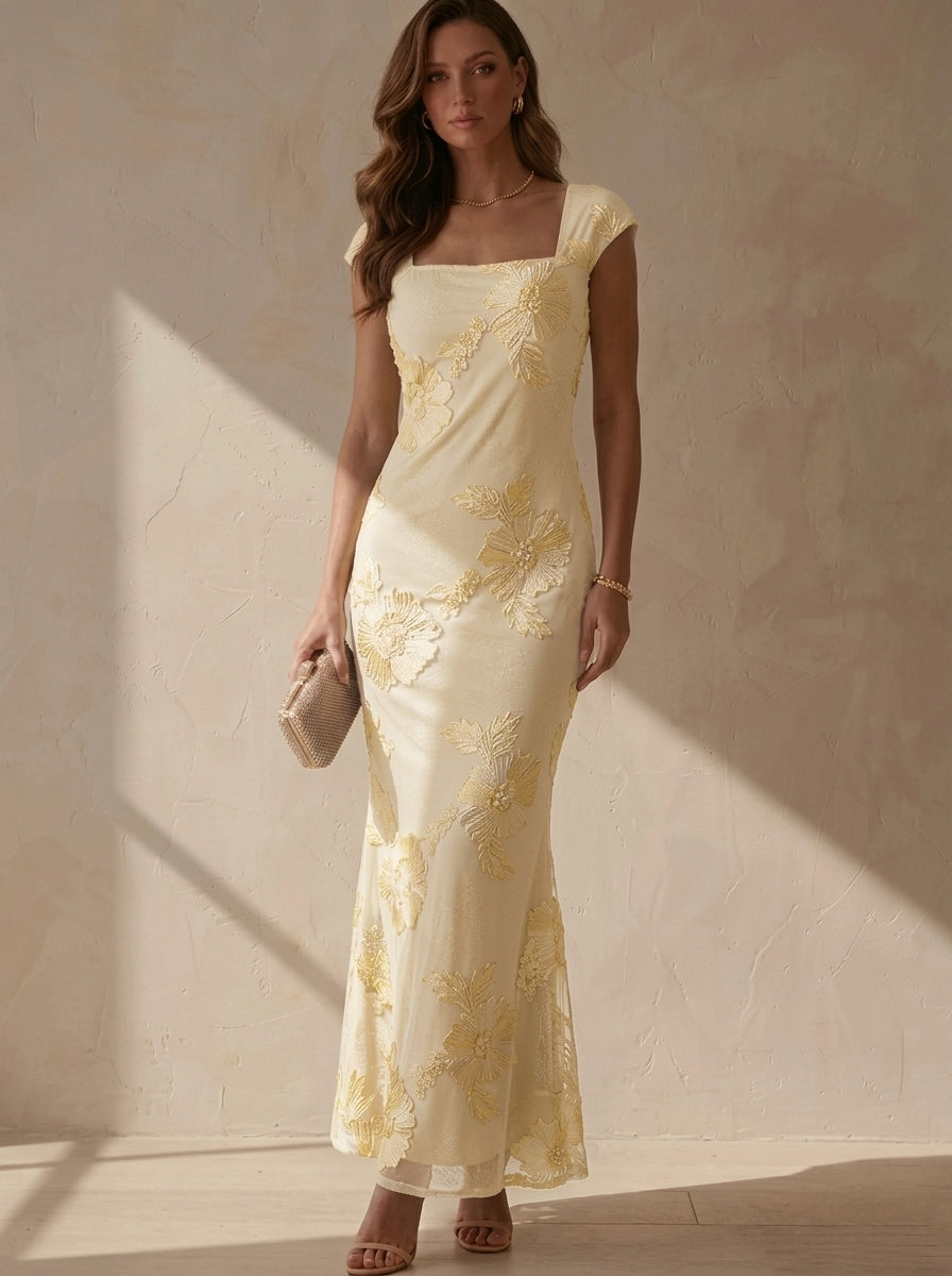 Sheath/Column Square Collar Lace Embroidery Cocktail Dresses Sleeveless Floral Ankle-Length Party Dresses