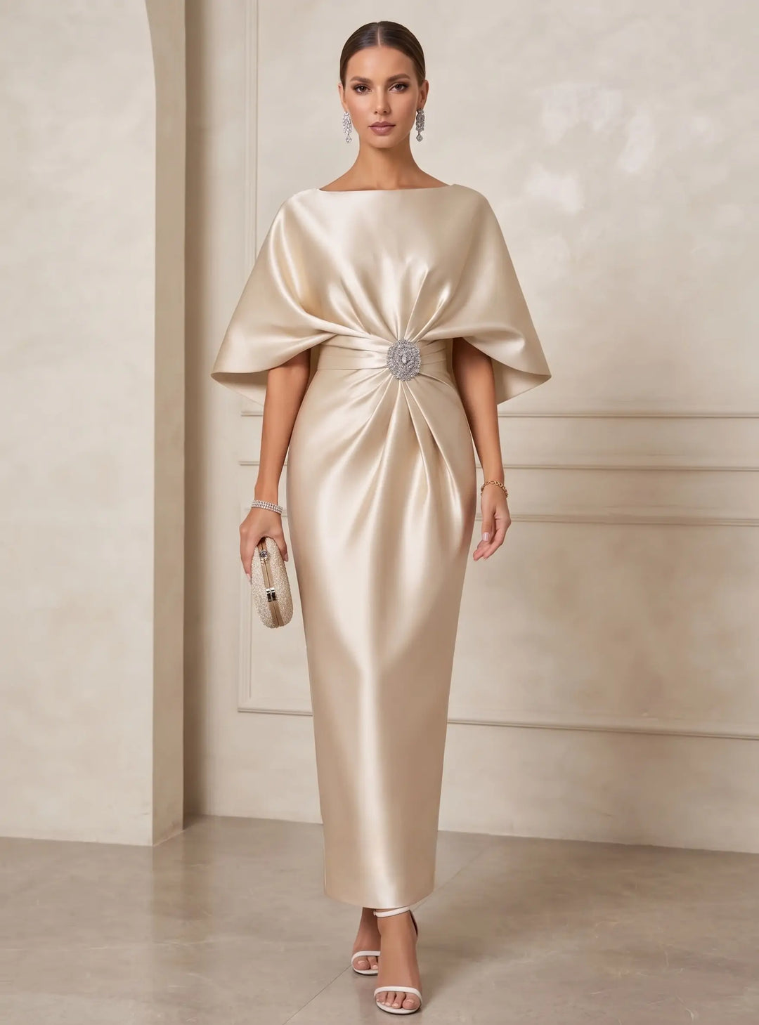 Sheath/Column Boat Neck Satin Cocktail Dresses with Sash Half Sleeves Ankle-Length Ruched Party Dresses